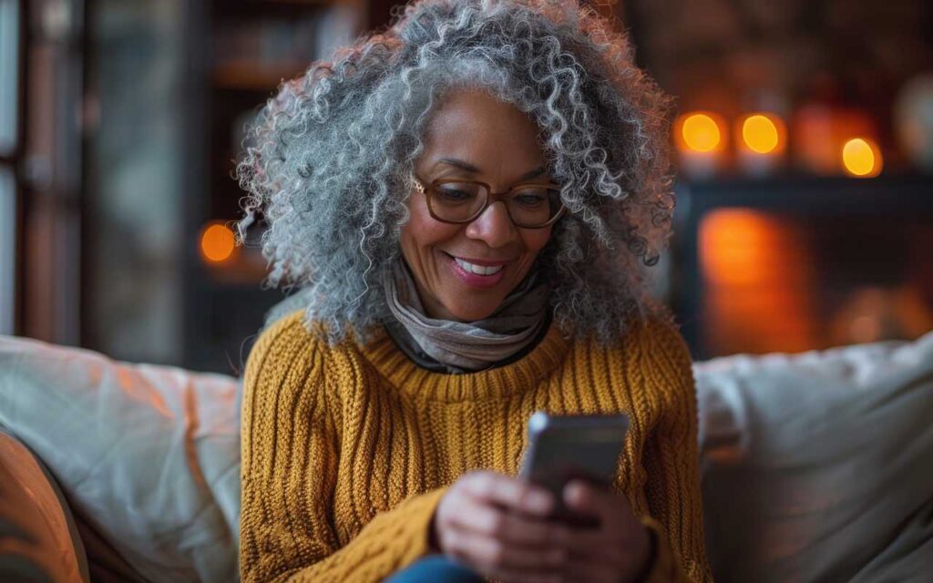 mature woman looking at mobile phone on sofa