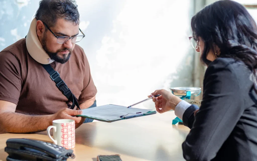 man with an arm in a sling being handed a a questionnaire on a clipboard by a woman