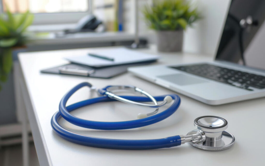 A stethoscope on a doctor's desk
